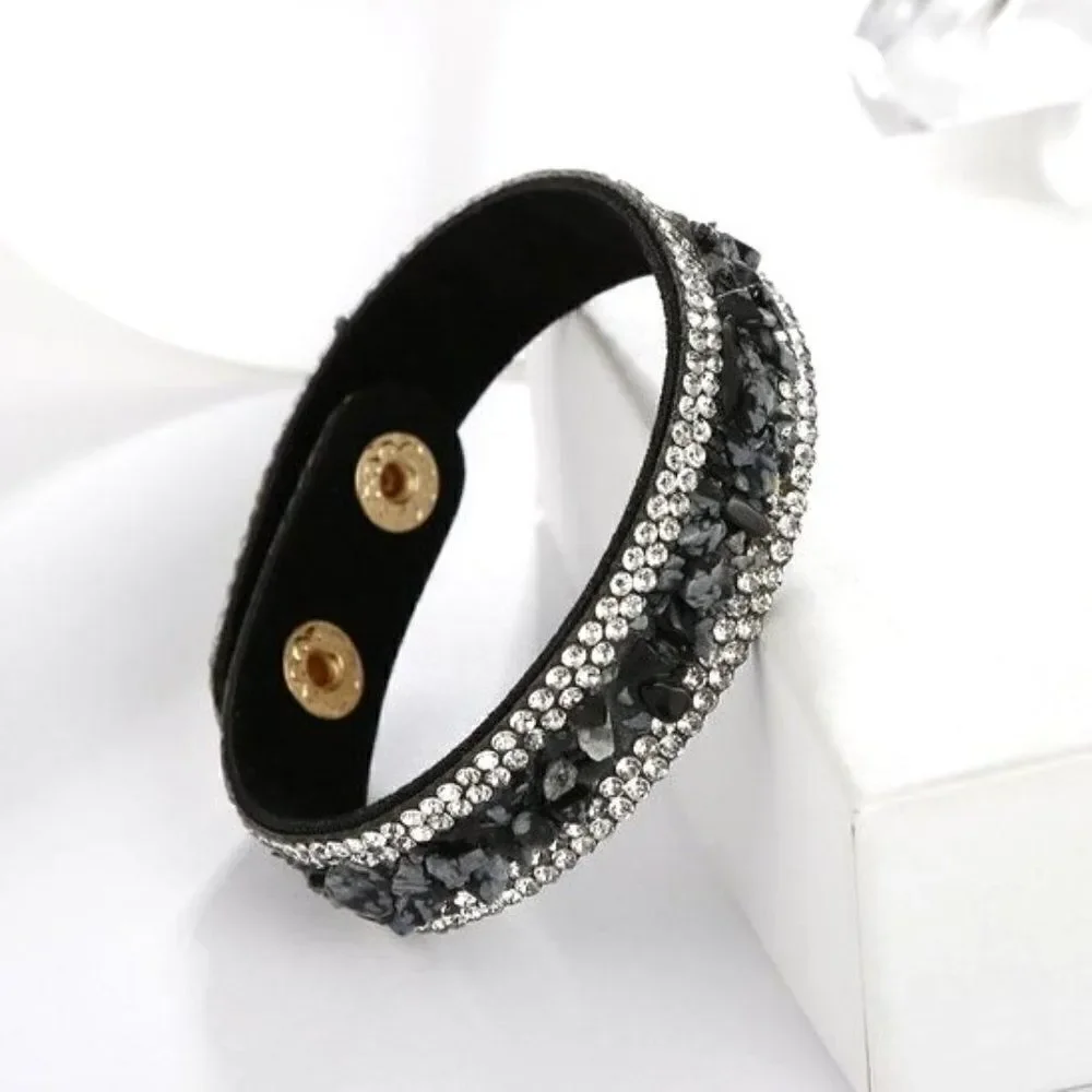 Black Faux Leather with Crystal and Chip Boho Adjustable Bracelet